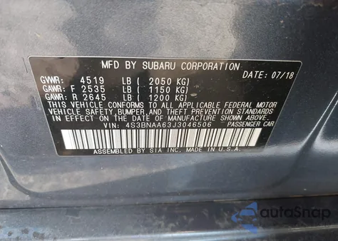 2018 Subaru Legacy 2.5I from USA, damaged, VIN 4S3BNAA63J3046506